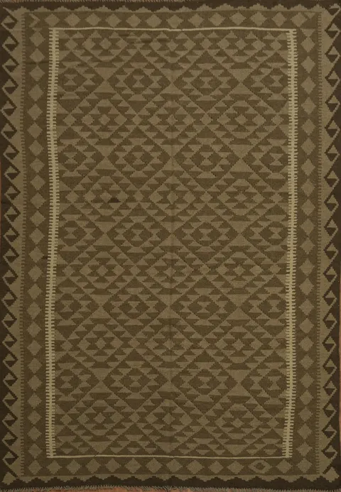 Brown Wool Kilim Geometric Area Rug 7x10