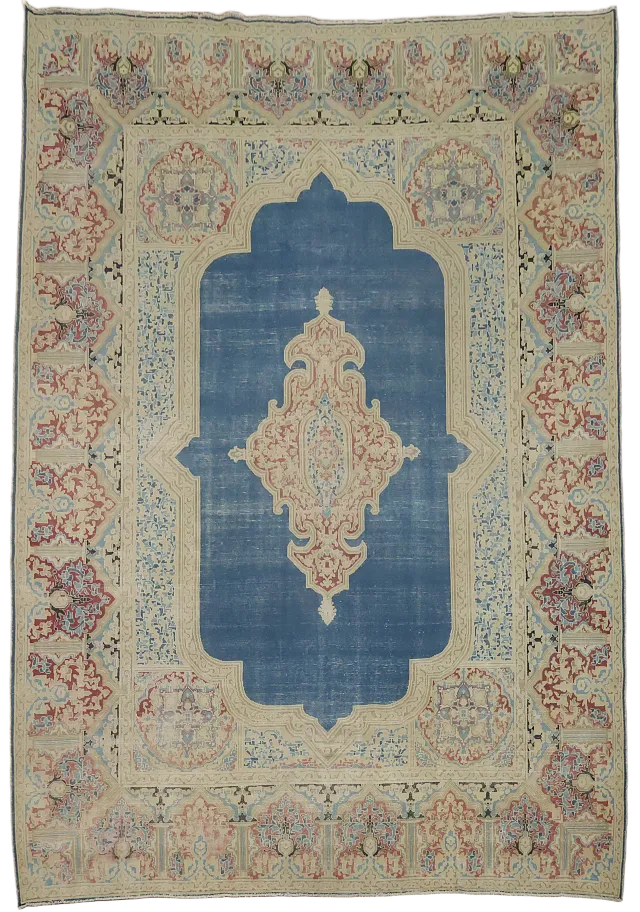 Vintage Geometric Blue Distressed Kerman Persian Wool Area Rug 9x12