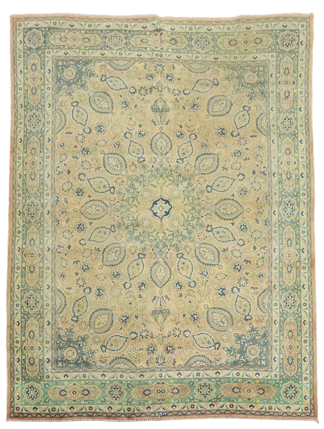 Vintage Traditional Coral and Blue Tabriz Persian Area Rug 10x13