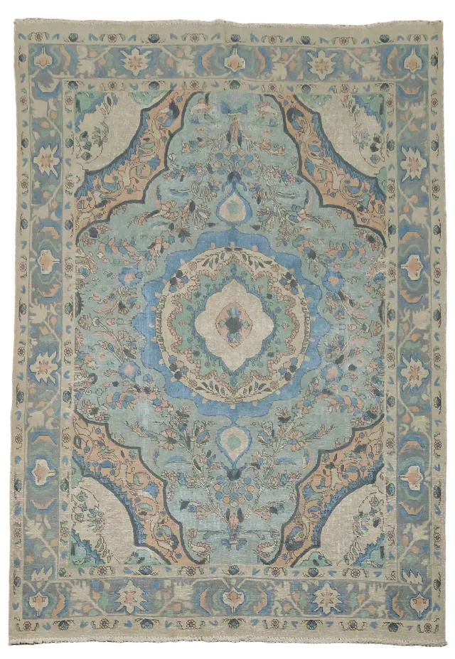 Vintage Distressed Soft Blue Tabriz Persian Wool Area Rug 6x9 ft