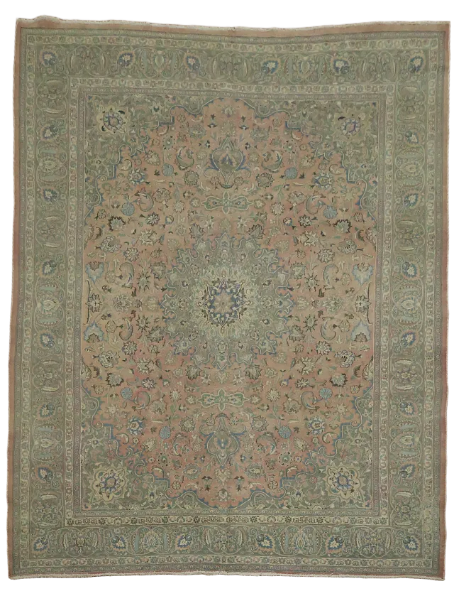 Distressed Vintage Muted Pink Floral Mashad Persian Area Rug 10x13
