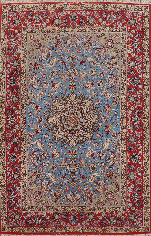 Vegetable Dye Wool & Silk Blue Signed Isfahan Persian Rug 4x6