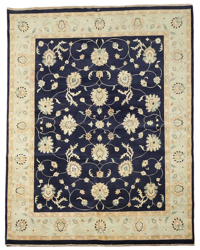 Elegant Floral Patterns on Navy Blue Traditional Rug 8x10