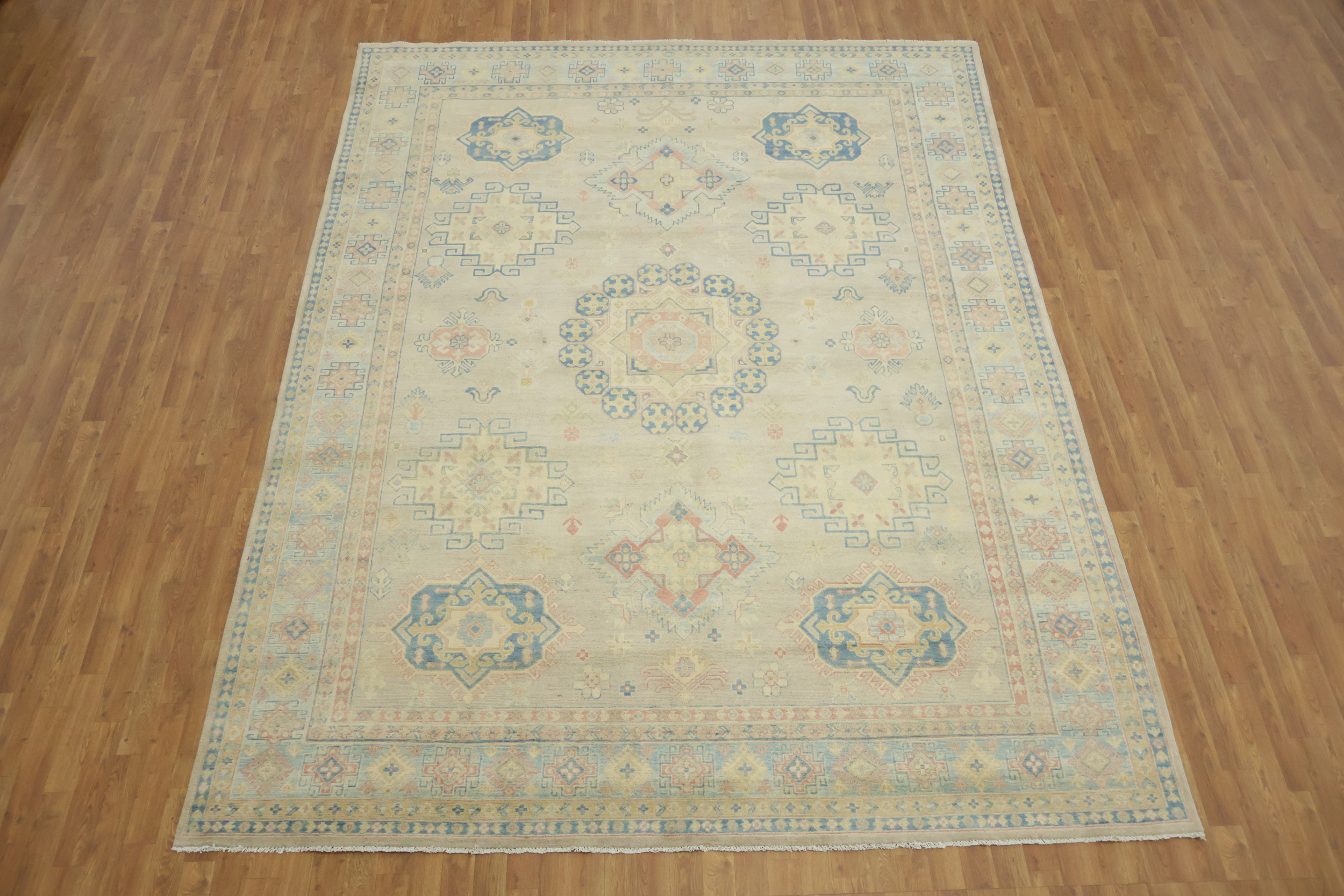 Luxuriate in Subtlety: Beige and Blue Classic Kazak Area Rug 9'x12